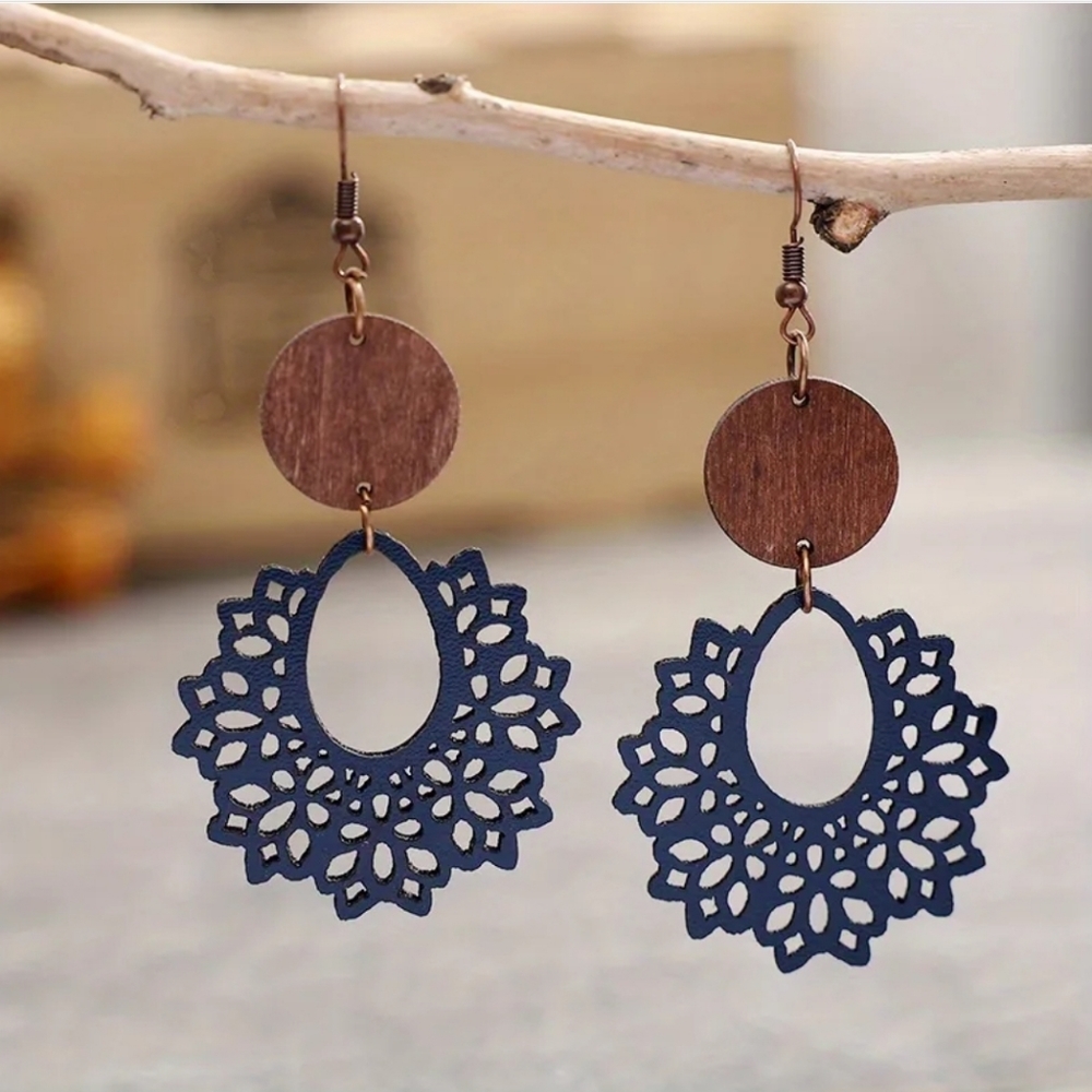 Hollow Blue Leather Wood Spider Web Design Dangle Earrings‎ 2/$15 3/$20 4/$25